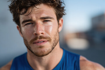 Obraz premium Sweaty athletic man with tousled hair, wearing blue tank top, exuding determination and focus in outdoor setting