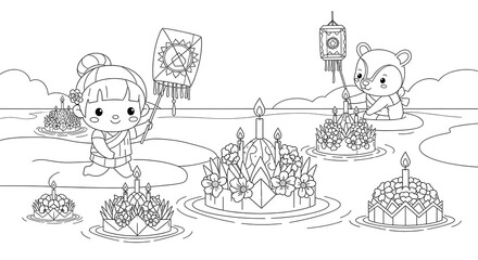 Obraz premium Cute girl and bear celebrate loy krathong festival floating krathongs isolated on transparent background