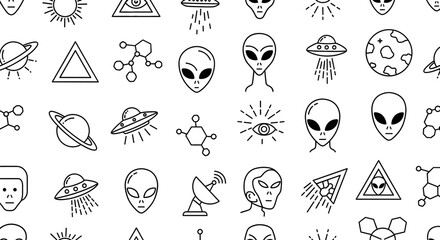 Seamless pattern includes alien faces and flying saucers. Extraterrestrial theme, space exploration, ufo, scifi, cosmos