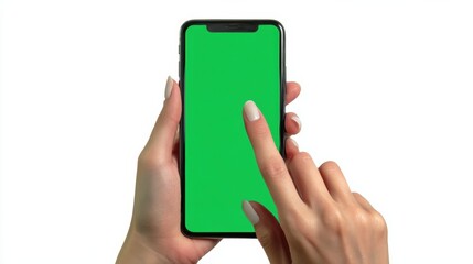 A hand holding a smartphone with a green screen for customizable content and app design.