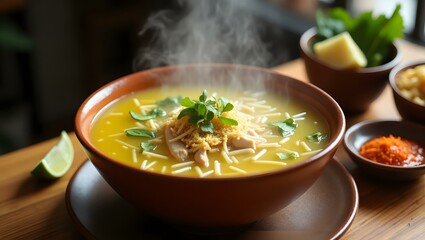 Delicious steaming chicken soup presented in a rustic bowl, complete with garnish and vibrant lime on a wooden table.