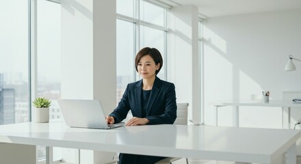 Businesswoman working on laptop in modern office