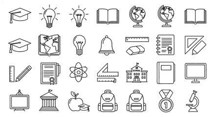 Education-themed line art symbols representing school items. Educational concept, learning, school, knowledge