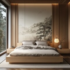 Serene minimalist bedroom with wood accents and mountain landscape mural