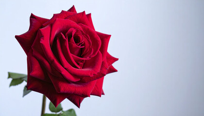 Red rose flower close up with green leaves and soft light background