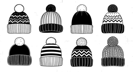 Various knit hats with different patterns and pom-poms shown. Winter headwear, fashionable, apparel, warm clothing, seasonal styles, handcrafted.