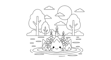 Cute cartoon krathong with flowers and candles floating on water isolated on transparent background