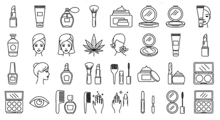 Collection of makeup and beauty product icons on a transparent background. Cosmetic supplies, feminine care, personal hygiene, beauty industry