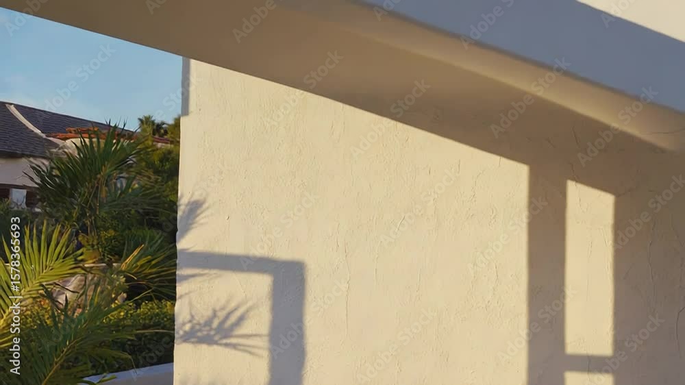 Poster palm tree and window frame casting shadows on textured wall