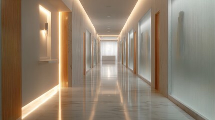 A modern, well-lit corridor featuring elegant design and polished marble floors. Ideal for interior design inspiration.