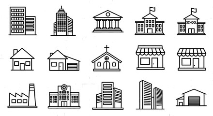 Collection of building icons in outline style. City infrastructure, urban development, architectural design, public services, property