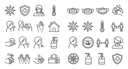 Conceptual line art depicting protection measures against viral spread, showcasing prevention protocols and health safety guidelines, emphasizing hygiene and social distancing
