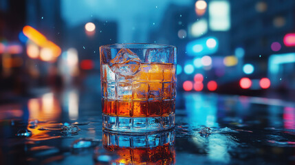 Whiskey Cocktail on Rainy City Street at Night