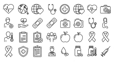 Healthcare icons representing medical assistance and wellness, depicting symbols of health support and global care initiatives