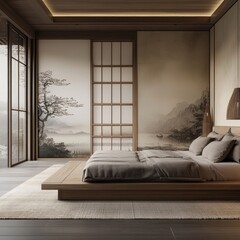 Serene bedroom with minimalist design, featuring a low platform bed, sliding doors, and a tranquil landscape mural