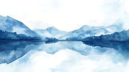 Misty mountain lake watercolor landscape