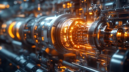 Obraz premium Macro view of a futuristic circuit board or microchip with glowing data streams and technological details in warm colors on a dark background.