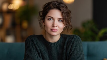 A serene portrait of a woman in a cozy setting, exuding confidence and warmth with natural lighting.