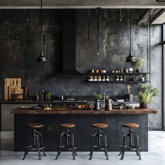Dark industrial kitchen with wooden island, metal stools, and open shelving