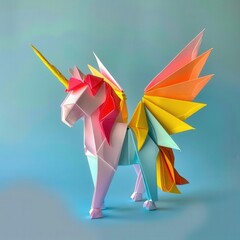 minimalist origami unicorn with rainbow wings pastels on unicorn .