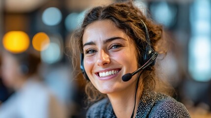 A smiling customer service representative wearing a headset, ready to assist clients with a positive attitude.