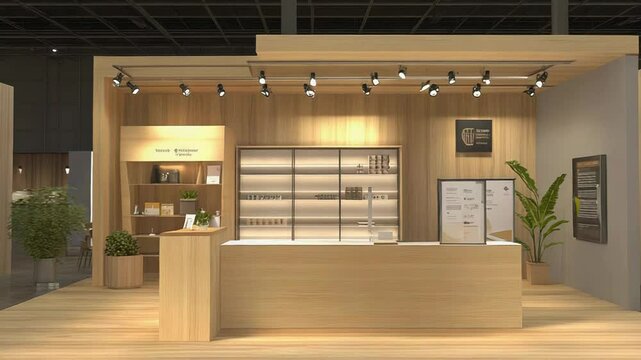 Modern exhibition booth design with wooden counter and shelves displaying products