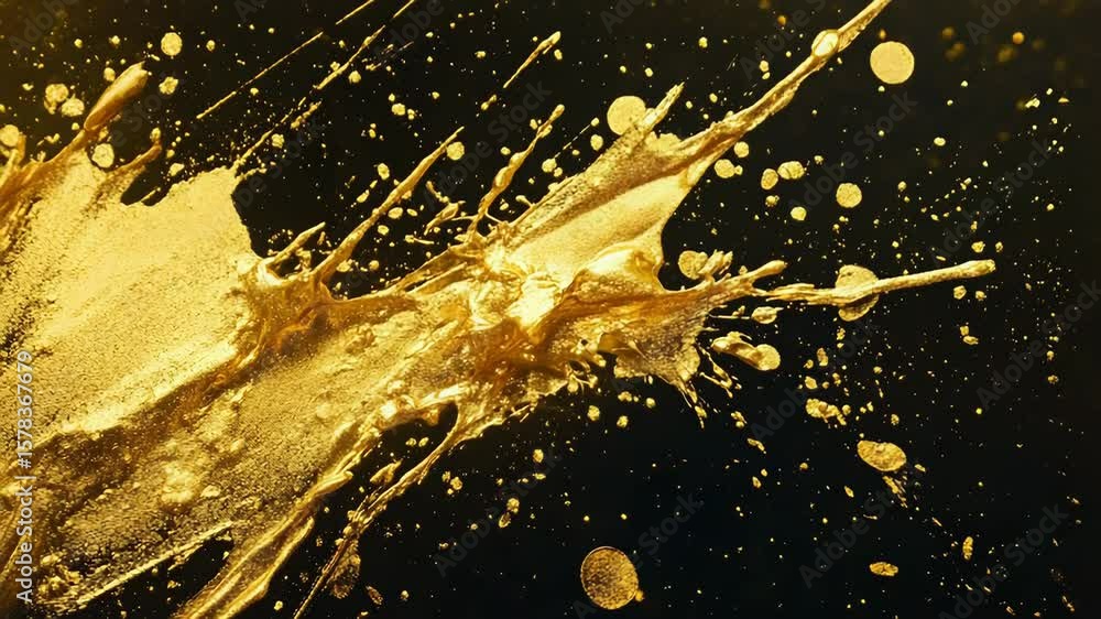 Poster golden paint splashing on black background creating abstract shapes