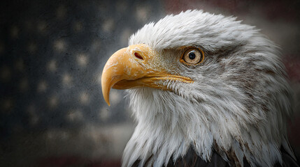 Naklejka premium Majestic Bald Eagle with Vibrant Blue and Red Lighting on Black Background