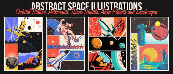 Abstract Space Illustrations. Astronauts, Spacecraft, Rocket, Orbital Station, Planets and Extraterrestrial Landscape. Abstract Dimensions, Geometric Shapes, 1980s Colors