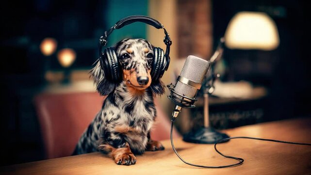 Dachshund Tunes: A dapper dachshund with a patterned coat sits with poise, wearing headphones and posing near a vintage microphone, embodying a blend of canine charm and music vibe.