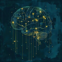 minimalist flat design AI brain circuit with glowing neural connections teal and gold .