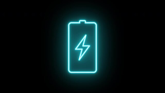 Neon electric battery icon animation, slow blink. Glowing neon battery sign, looped slow flashing animation. Electric energy, charge station, battery with lightning. Azure violet blue colors