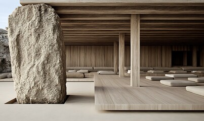 Rustic wooden and stone interior space with open air design