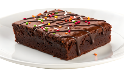 Delicious chocolate brownie with colorful sprinkles and fudge sauce dessert food photography treat sweet bake  isolated on transparent background