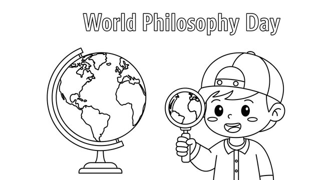 Cute cartoon boy with magnifying glass looking at globe for world philosophy day isolated on transparent background
