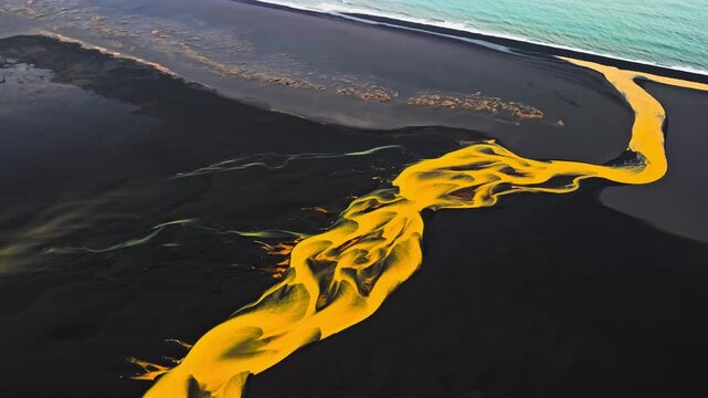 Vivid Yellow River Flowing Over Black Volcanic Sand to Turquoise Sea &ndash; Aerial View