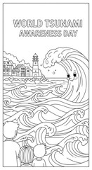 World tsunami awareness day coloring page with people watching a large wave isolated on transparent background