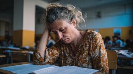 A woman appears deep in thought and stress while studying in a classroom filled with papers and students around her.