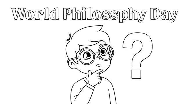 Boy thinking with question mark for world philosophy day isolated on transparent background - Powered by Adobe