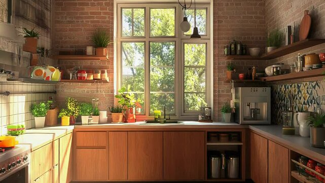 Sun shining through window in modern kitchen with brick walls