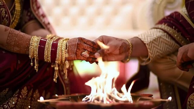 Dulhan radiant in her finery offers sacred rice with her groom in a hindu wedding fire ceremony. Ideal for wedding, cultural, and festive concepts.