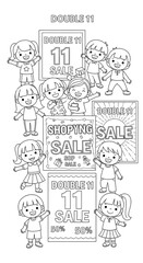 Happy children celebrating double 11 sale with discount signs isolated on transparent background
