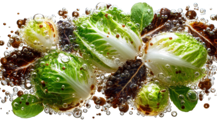 Fresh vegetables in sparkling water showcasing vibrant colors and textures under transparent bubbles against a crisp white background in studio setting
