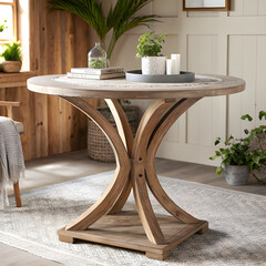 Round dining table, farmhouse table, rustic furniture, modern rustic, wooden table, pedestal base, curved legs, casual dining, small dining table, kitchen table, living room furniture, home decor, int