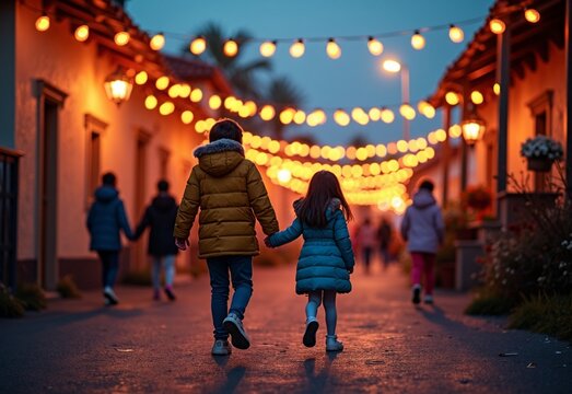 Family-oriented Neighborhood celebration with children playing during neon