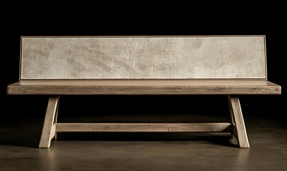 A simple wooden bench with a framed abstract textured artwork