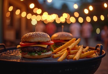 Grand Barbecue with burgers during string lights