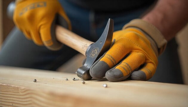 Gloved hands hammering nails into wooden plank, ideal for construction, home improvement, carpentry, DIY, renovation, building projects, craftsmanship.