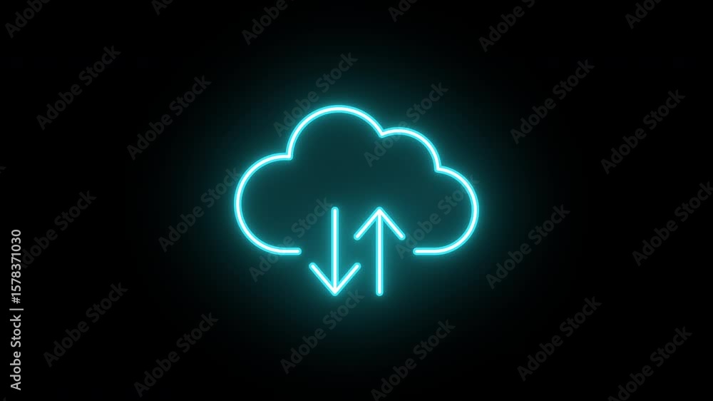 Poster neon cloud icon animation, slow blink. glowing neon cloud storage with arrows, looped slow flashing 