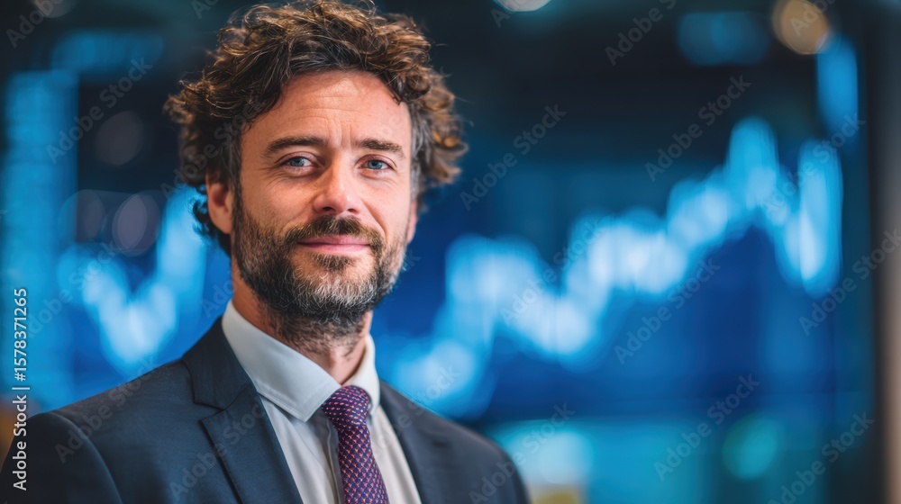 Poster confident businessman in a suit smiling against a financial background with graph indicators and dat